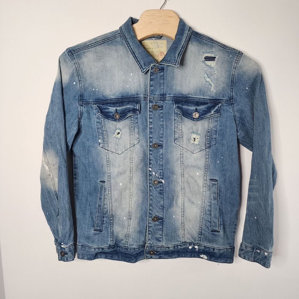 Smoke Rise Denim Jacket Mens Size XL Jean Denim Car Jacket BLUE Distressed READ